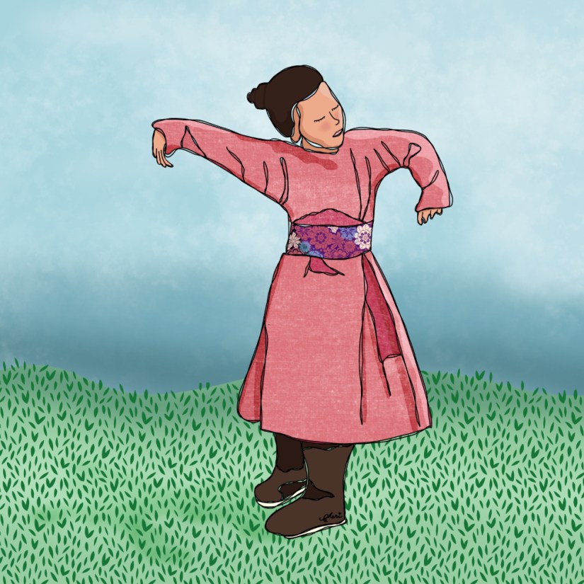Little Dancer in pink in the grassy field enjoying her folk dancing