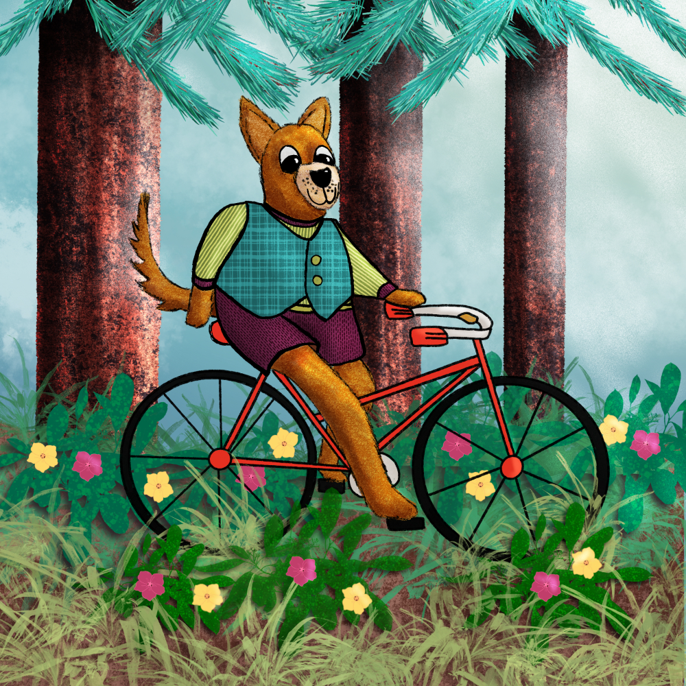 Messy style dog all dressed up for a country bike ride