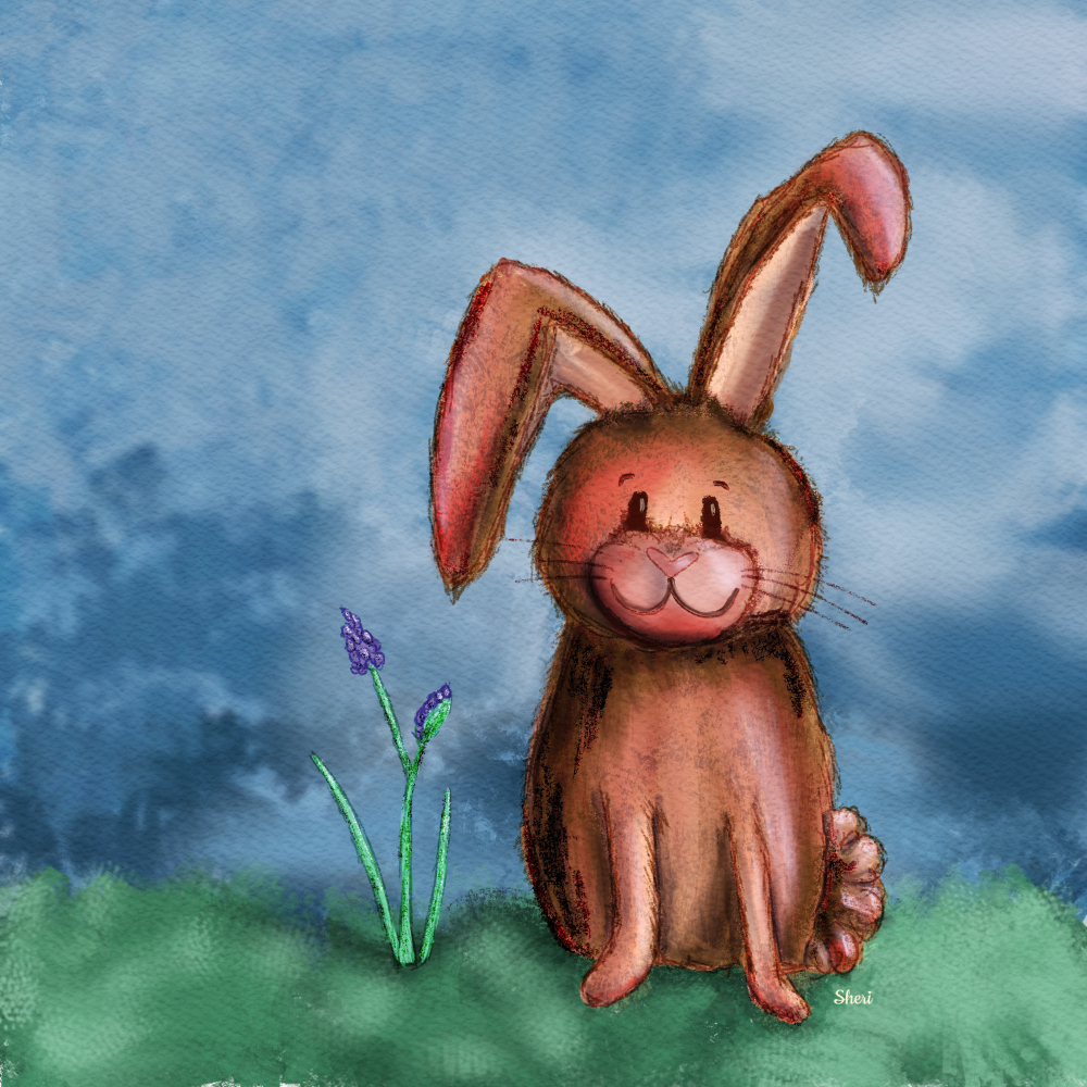 Messy style rabbit beside grape hyacinth on lawn