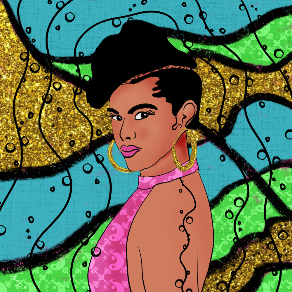 stylized illustration of woman in pink patterned sleek dress large round earrings with lines of bubbles and bold gold, green, blue background
