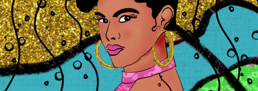 stylized illustration of woman in pink patterned sleek dress large round earrings with lines of bubbles and bold gold, green, blue background