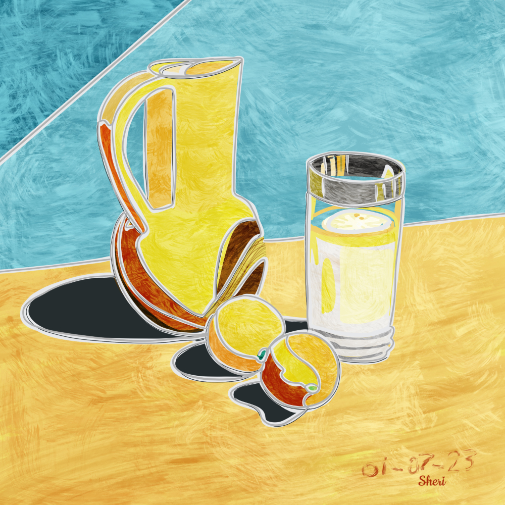 Still Life Lemons, pitcher, glass in shapes, shadows, lines, brush strokes