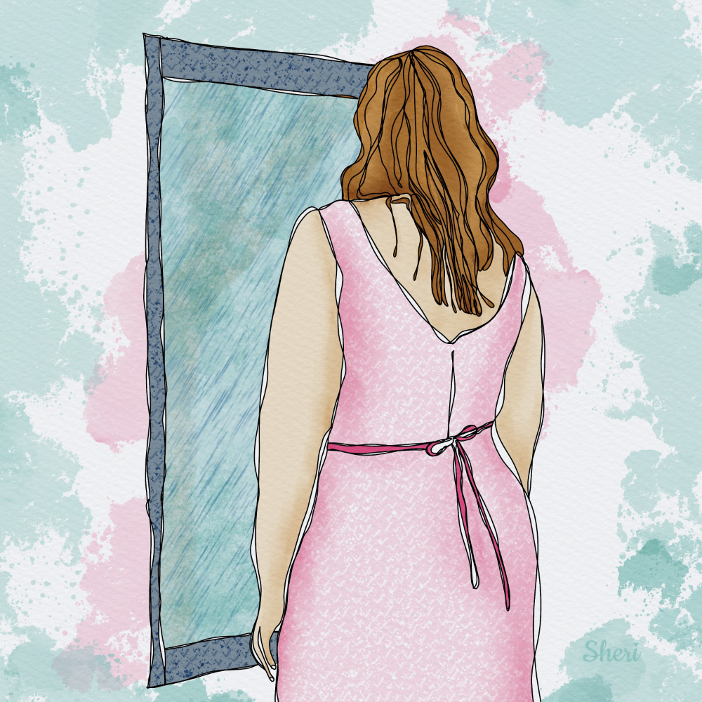 woman in pink dress looking out the window on a rainy day