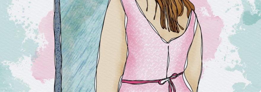 woman in pink dress looking out the window on a rainy day