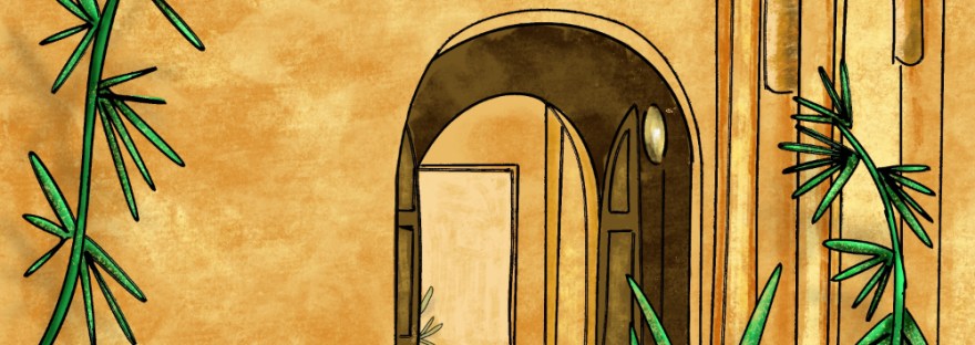 room with archway door with plants on either side leading to another room and stairs