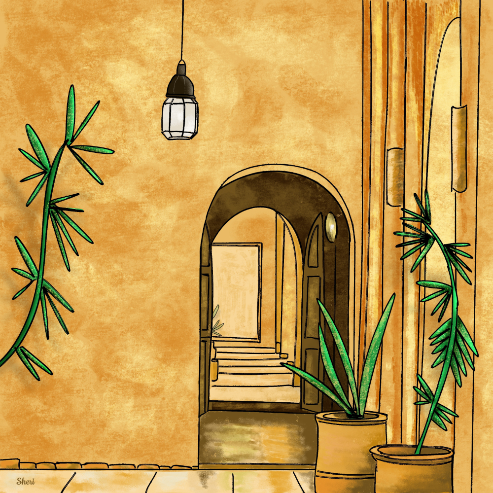 room with archway door with plants on either side
leading to another room and stairs 