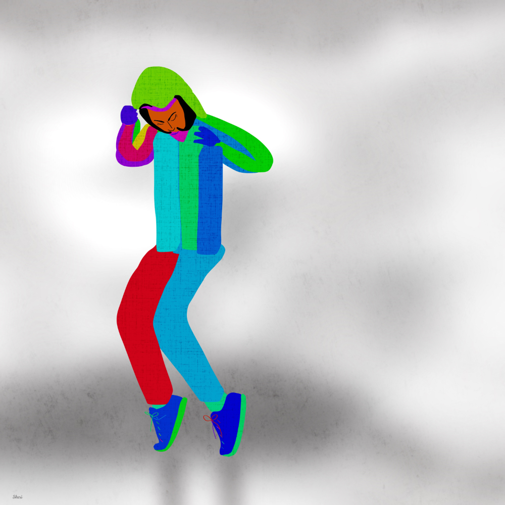 Lone male dancer on tip toes in a grey toned room in a stylized strokes of different colors