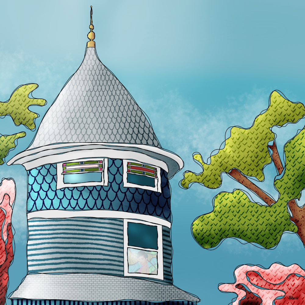 contour drawing of dome of house in treed area