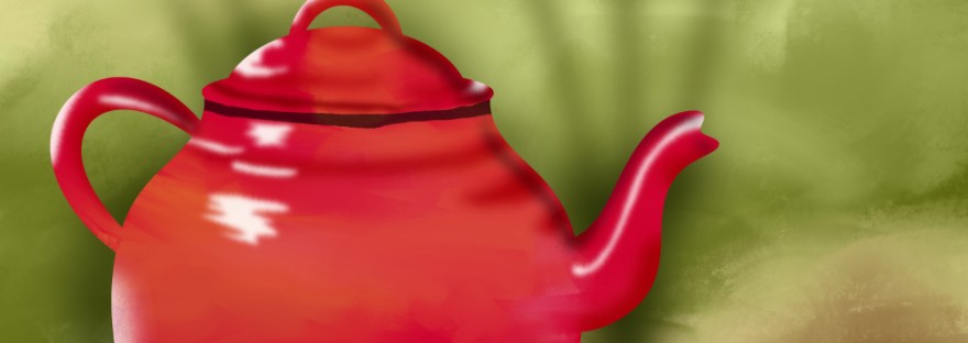 red teapot on doily on outdoor table with leaves in background, leaves on table, and a strawberry