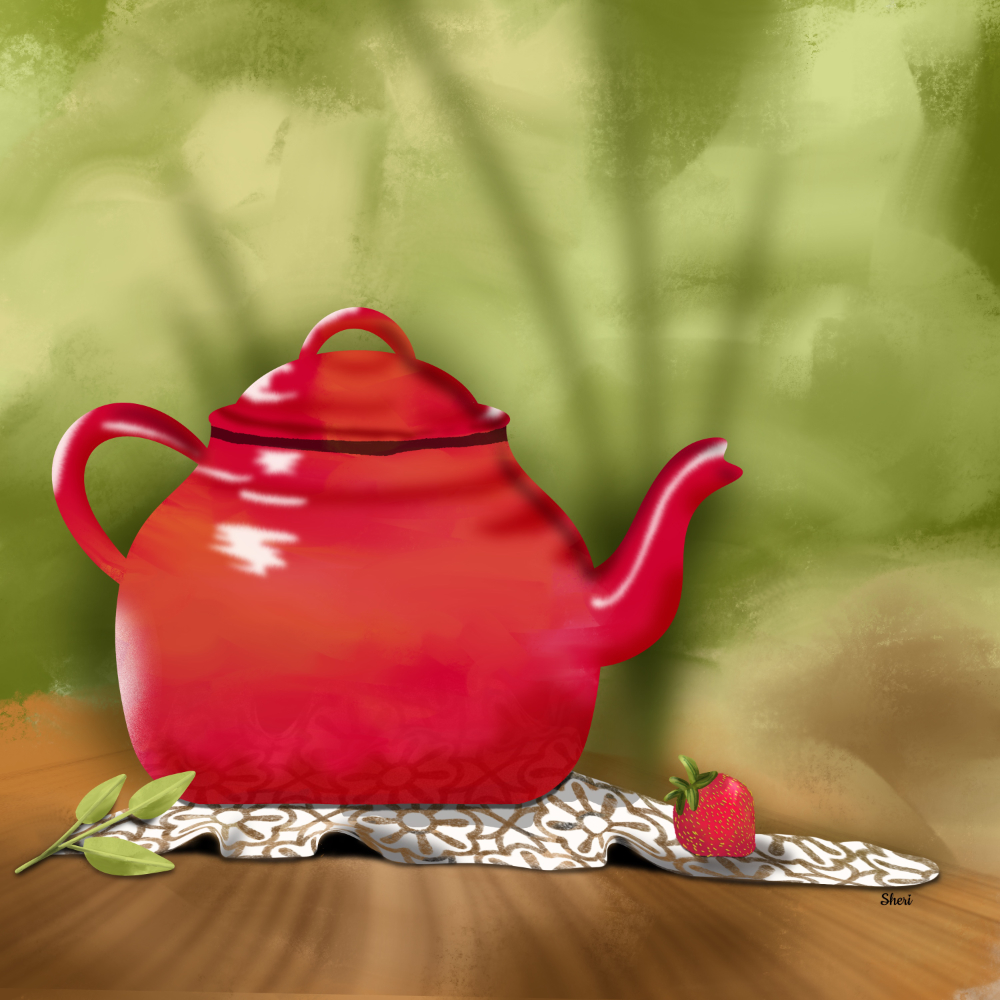 red teapot on doily on outdoor table with leaves in background, leaves on table, and a strawberry