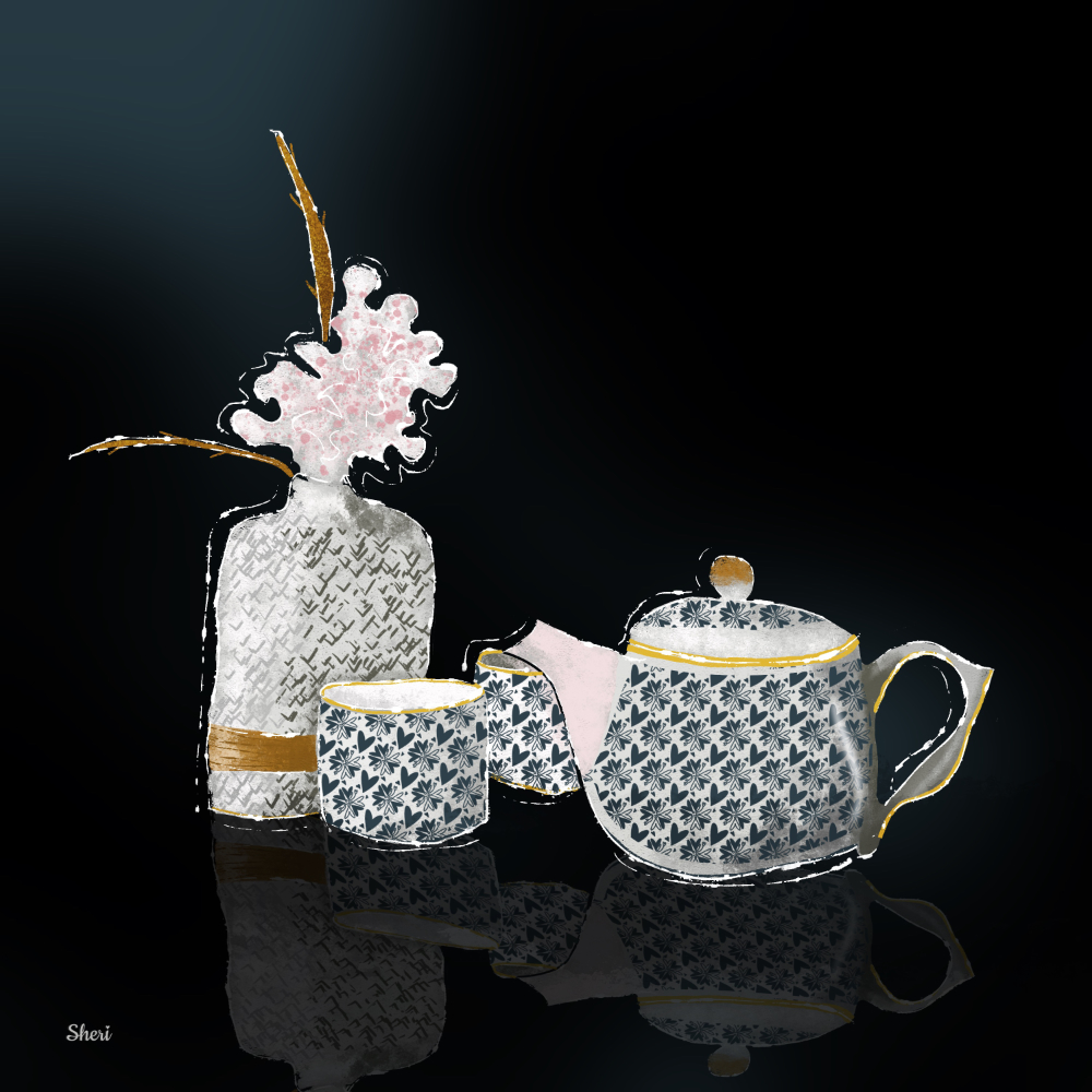 Vase of pinkish flowers, blue floral cups and tea pot ready for tea time on dark reflecting surface