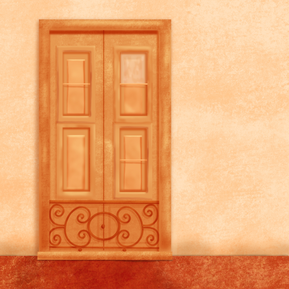 A fancy window on stucco wall on the street