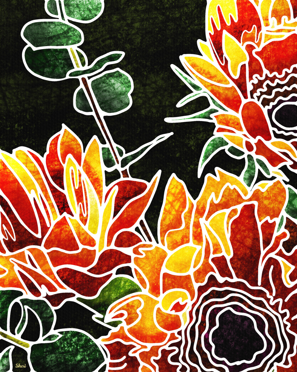 portion of a bouquet of sunflowers in oranges, red, and yellows with a dark background in a silk painting style