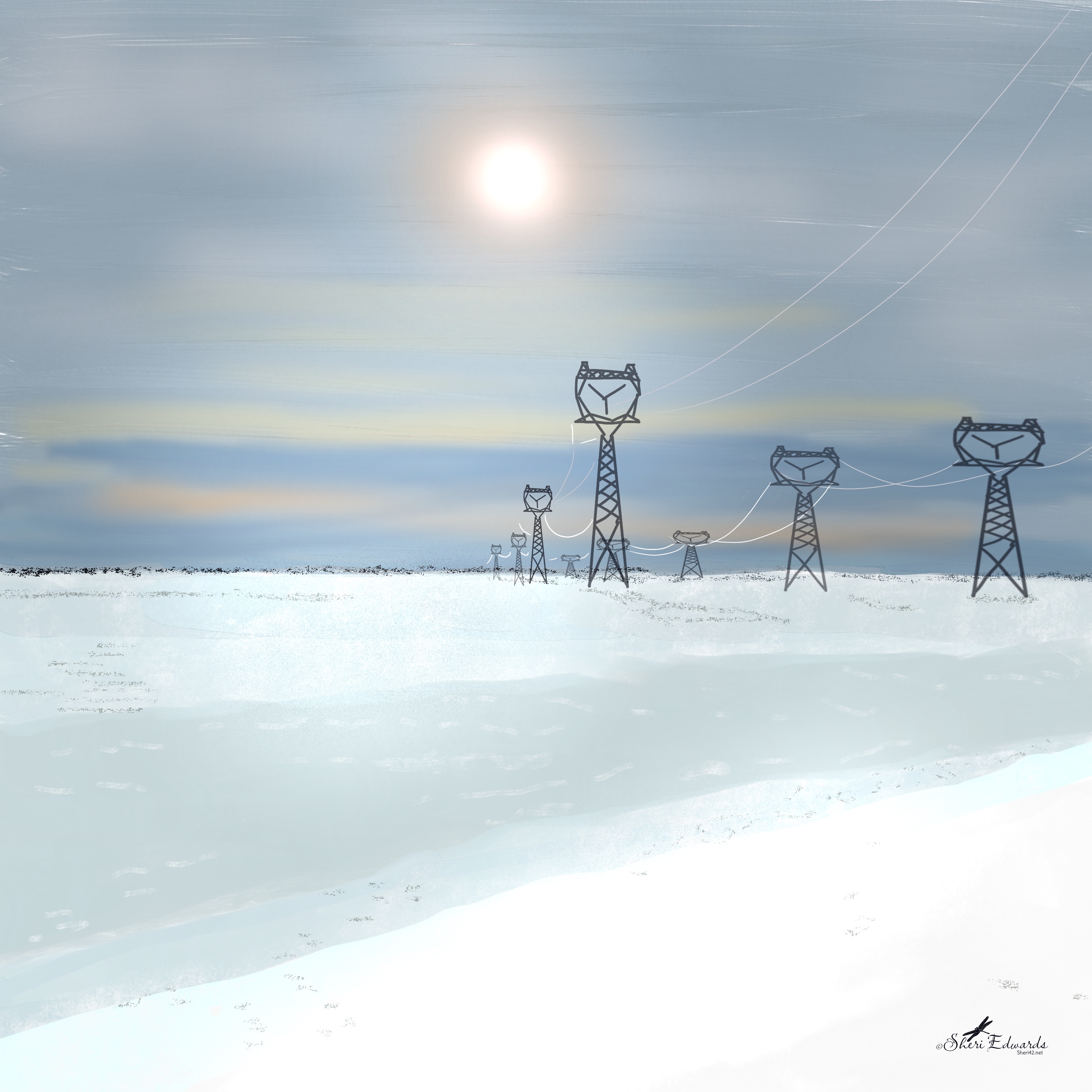 painterly illustration of late afternoon sunshine on snow below power lines