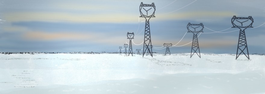 painterly illustration of late afternoon sunshine on snow below power lines