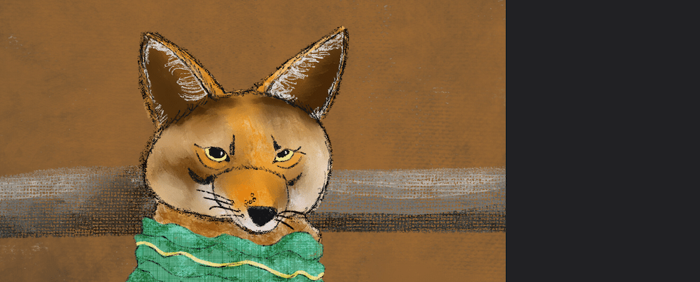 illustrated fox in messy style wearing a loose turtleneck and paints in forest green colors