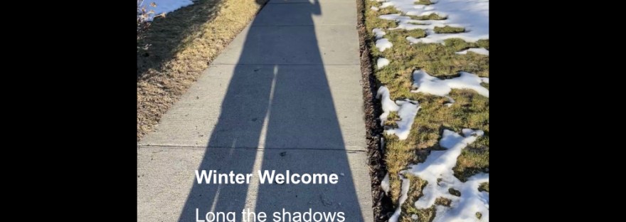 shadow of a man and woman waving yellow and “Live Long and Prosper” on the sidewalk of a snow laced neighborhood