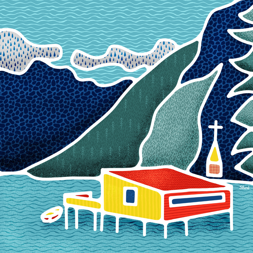 silk painting of a mountain lake home