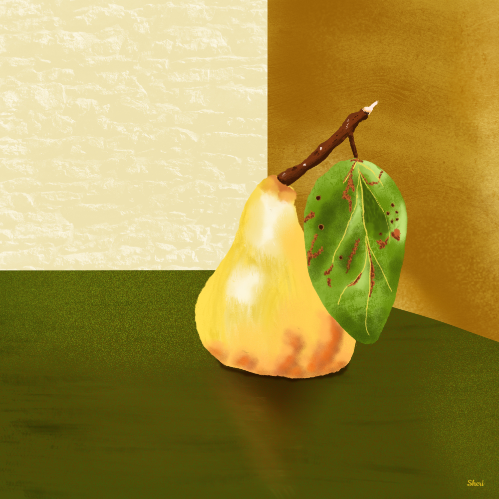 Still life: Pear with leaf on corner counter