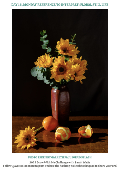 A Sarah Watts challenge photo of a bouquet of sunflowers in red vase with dark background and oranges in front
