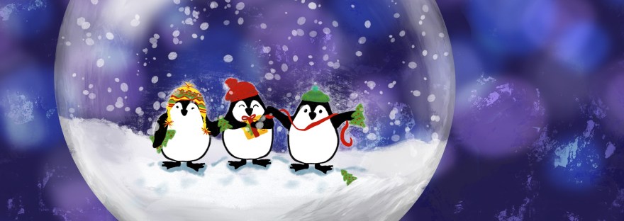 Snow Globe on wooden base with snow falling on three penguins dressed in stocking hats and scarves celebrating the winter holidays