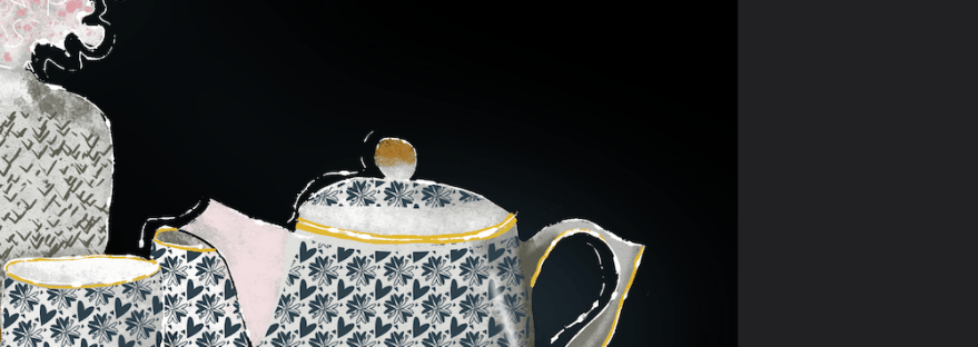 Vase of pinkish flowers, blue floral cups and tea pot ready for tea time on dark reflecting surface