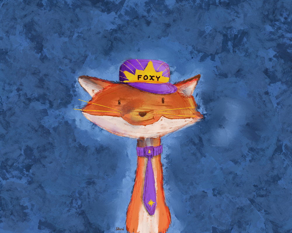 A messy little fox with a purple tie and “FOXY” hat