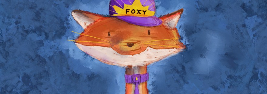 A messy little fox with a purple tie and “FOXY” hat