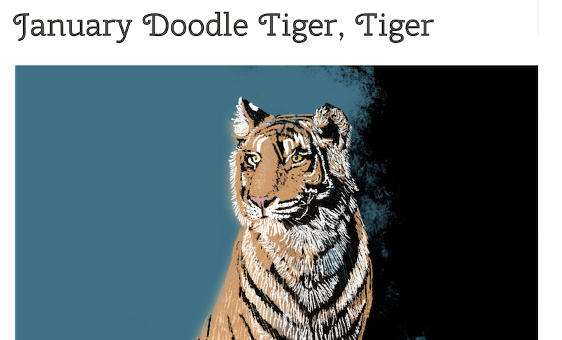 Screen Tiger drawn in small lines on a teal and black background