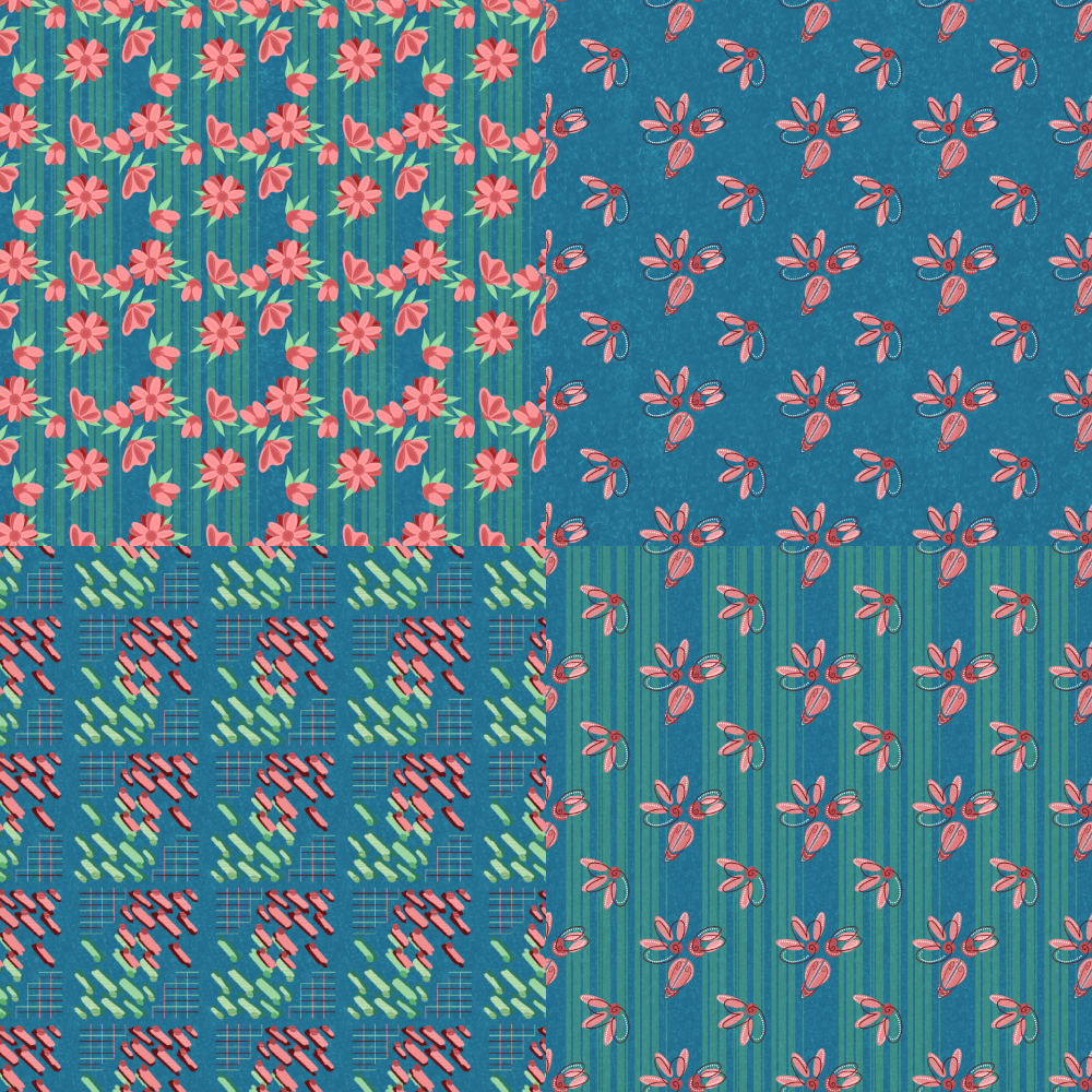 My 3x3 design challenge response: folksy pink flowers in stripes, hashed, and geometric styles-- same color palette for four different designs