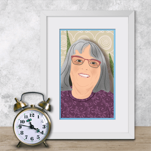 Animated Framed stylized illustration  on a shelf of myself in purple colors and purple and green backgrounds switching  with an old style alarm clock in front