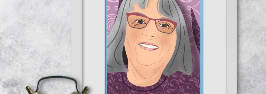 Framed stylized illustration on a shelf of myself in purple colors with an old style alarm clock in front