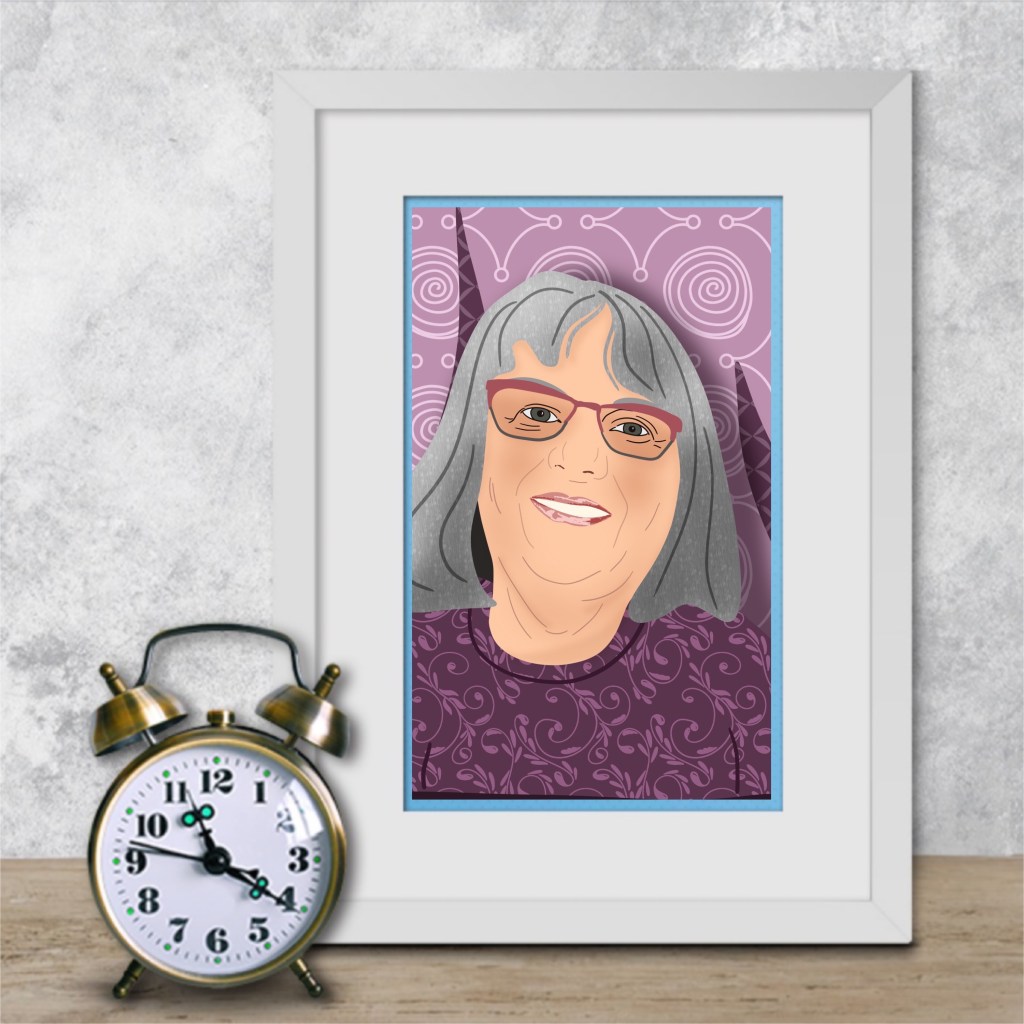 Framed stylized illustration  on a shelf of myself in purple colors with an old style alarm clock in front
