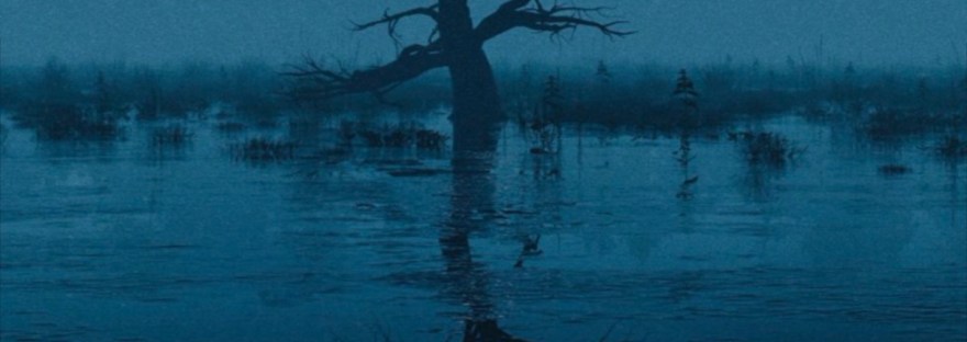 Watery world of dark blues with a tree and its arms reaching out below a full moon