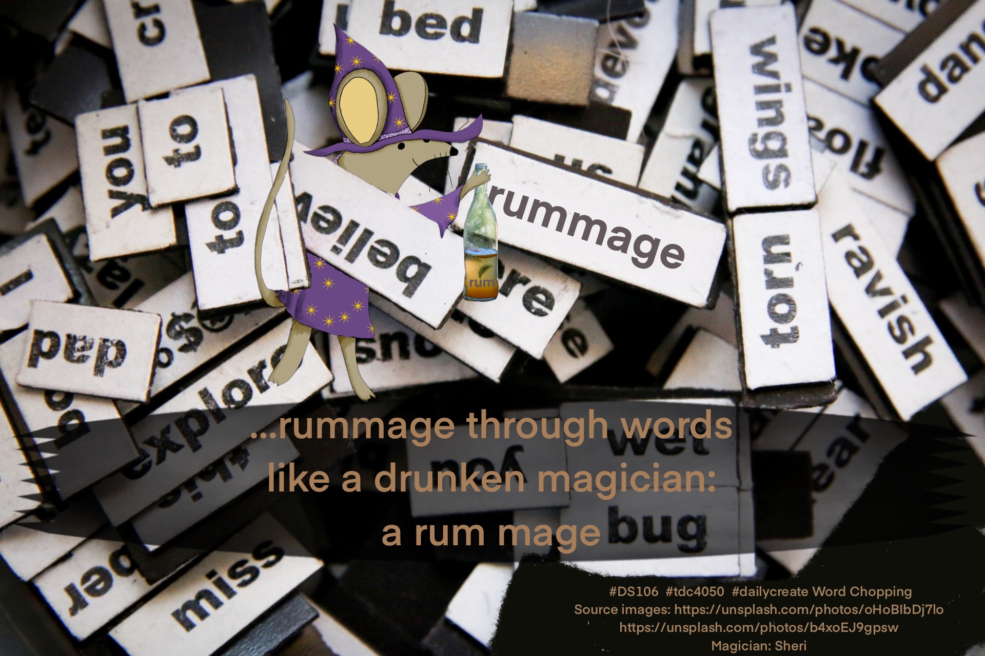 mouse magician with bottle of rum rummaging through words— a rum mage