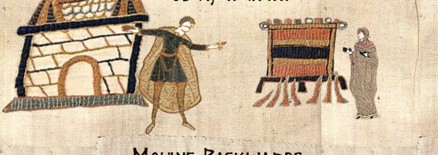 Medieval Man in front of his “castle” home ordering a woman weaving a beautiful tapestry to do— whatever he wants…