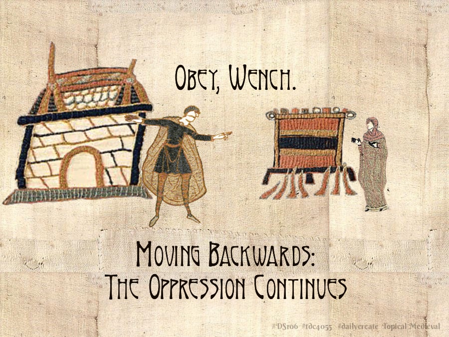 Medieval Man in front of his “castle” home ordering a woman weaving a beautiful tapestry to do— whatever he wants…