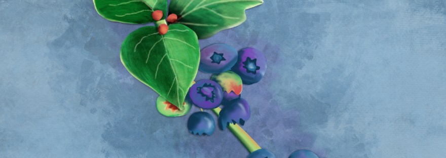 blueberries with leaves on a branch of the bush in a painterly style