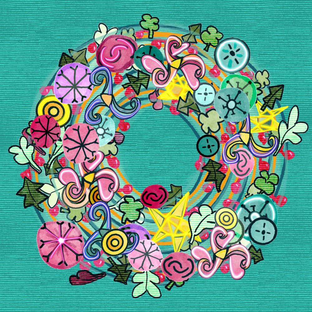 a wreath made of motifs, each motif created starting with a number 1,2,3,4, or 5