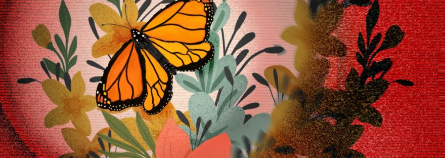 Focus on a ladybug landing on the floral bouquet