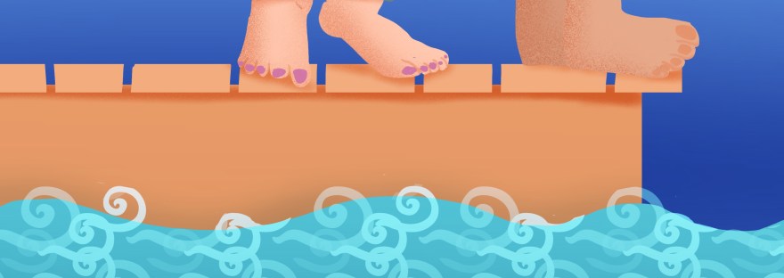 stylized illustration on the dock: 4 feet and a perhaps a splash