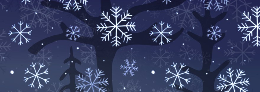 the color of "cold" through color over a stylized snowy landscape scene of winter trees and snowflakes falling