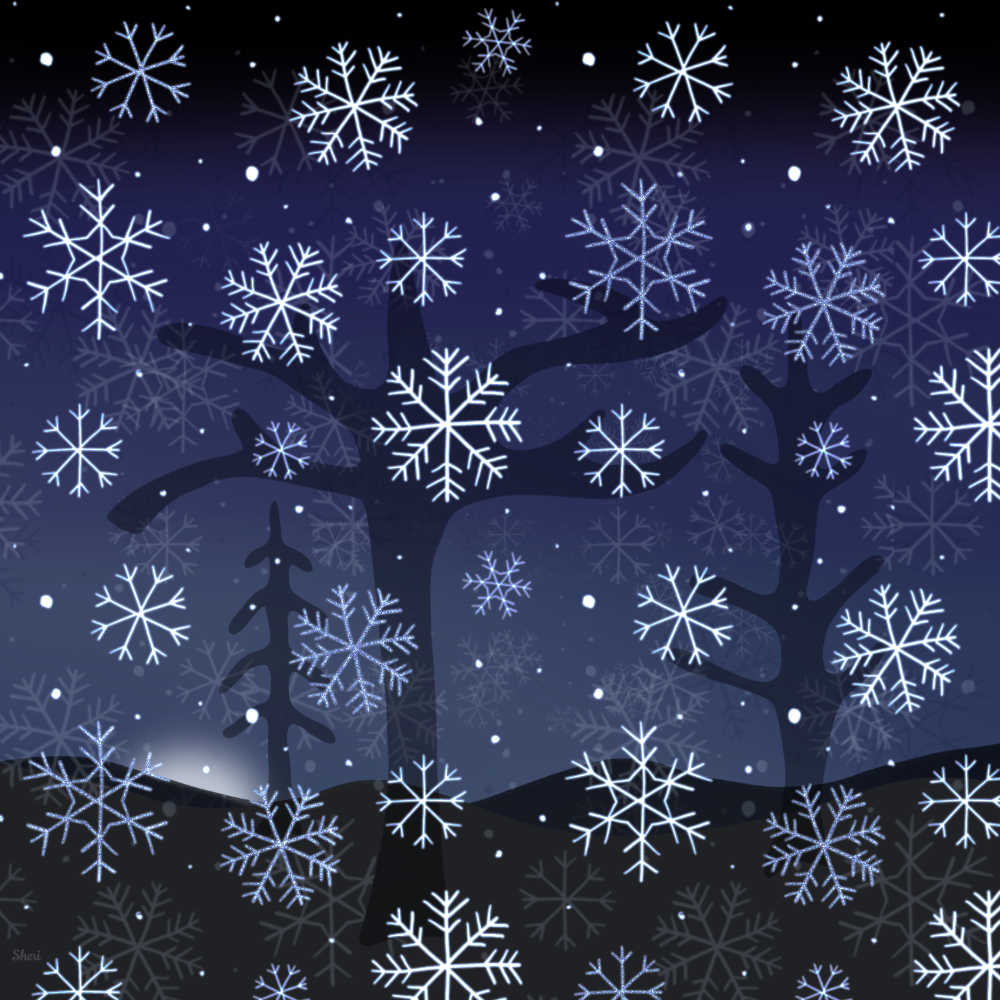 the color of "cold" through color over a stylized snowy landscape scene of winter trees and snowflakes falling