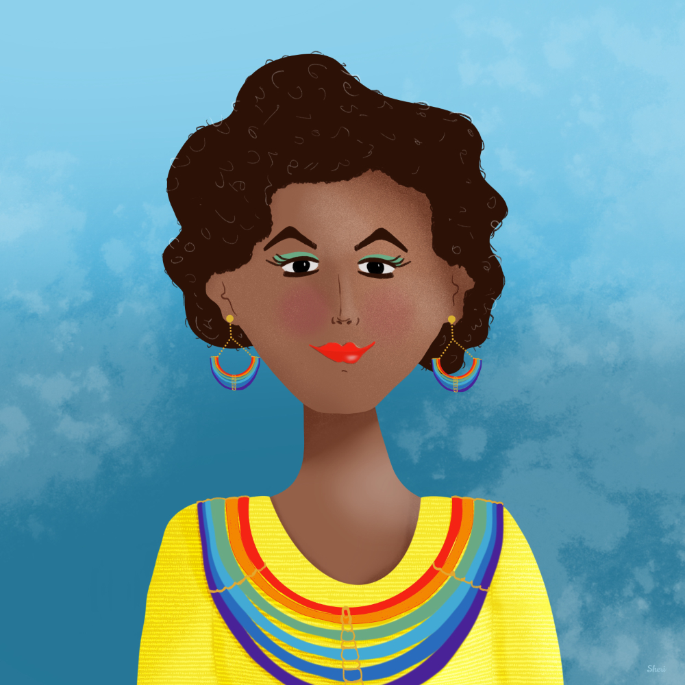 woman with afro style hair, a lovely rainbow necklace and earrings on a cloudy day