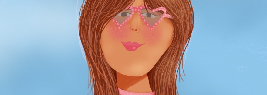a women with long brown hear wearing polka dot heart shaped sunglasses and a pink flower pattern top that matches the pink scarf at her neck