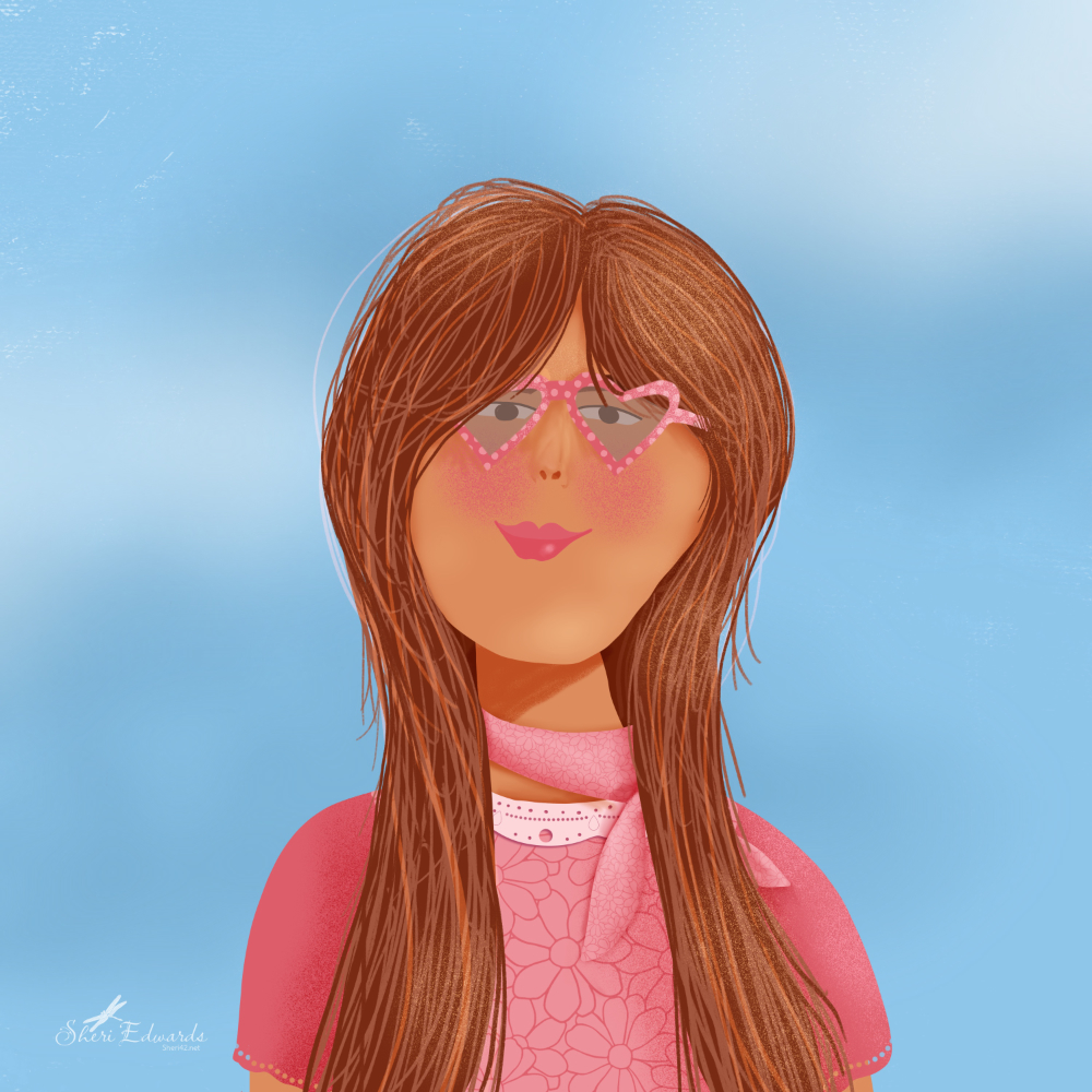 a women with long brown hear wearing polka dot heart shaped sunglasses and a pink flower pattern top that matches the pink scarf at her neck