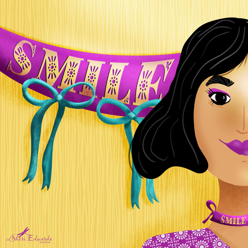 Woman with black hair, purple floral outfit, and a ribbon that says “Smile” around her neck stands in front of a purple banner and teal ribbons with “Smile” on the banner