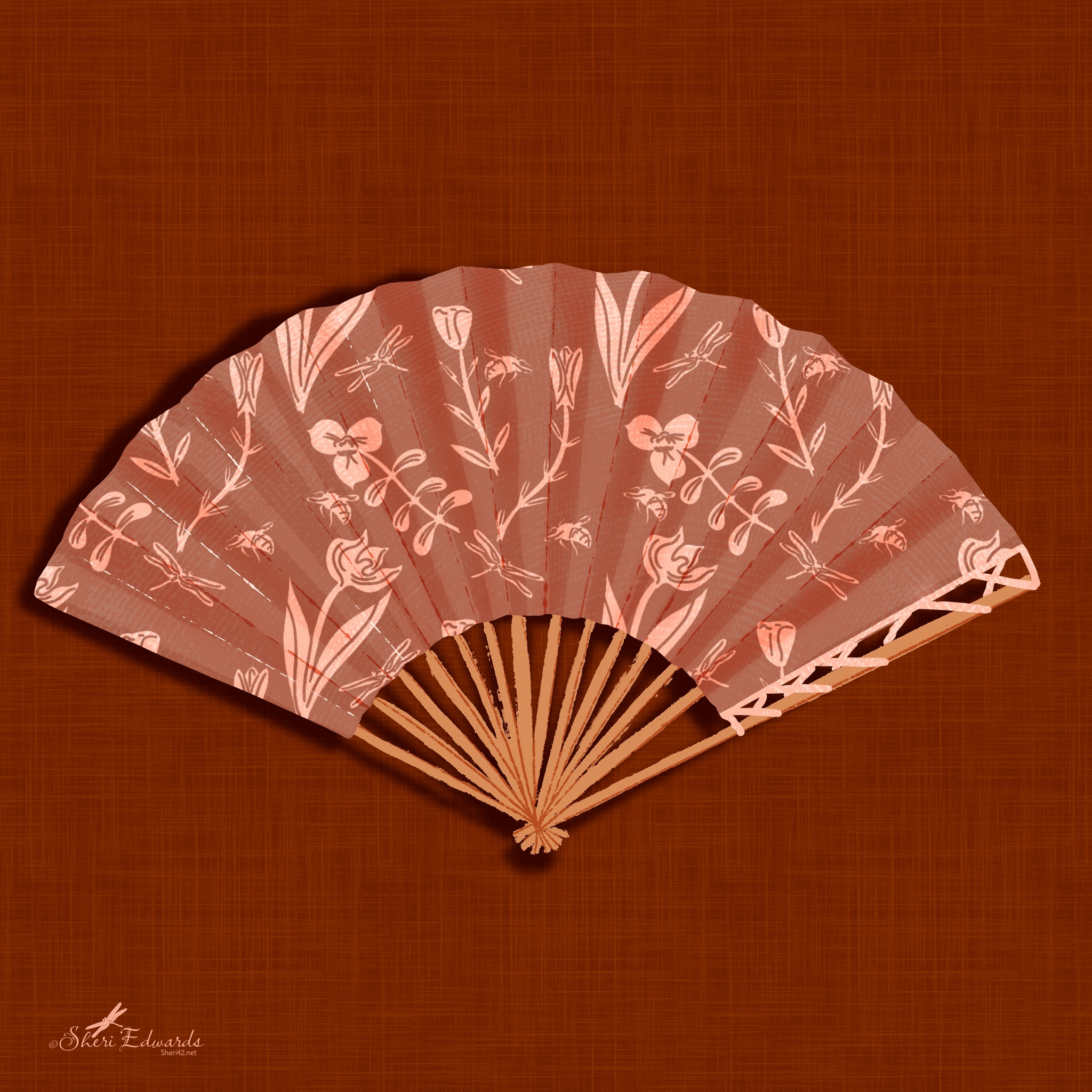 an open unfolded fan in shades of red with a floral design on canvas