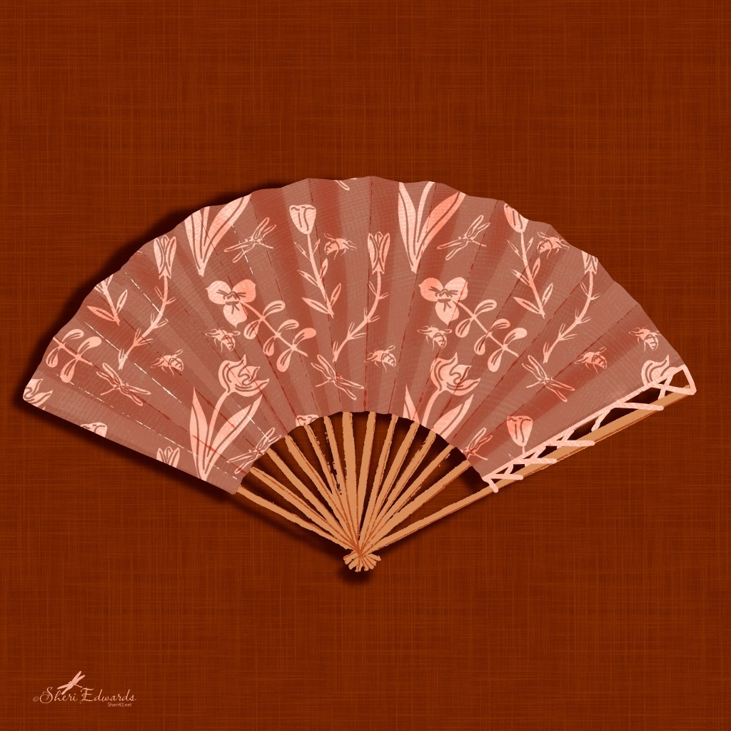 an open unfolded fan in shades of red with a floral design on canvas