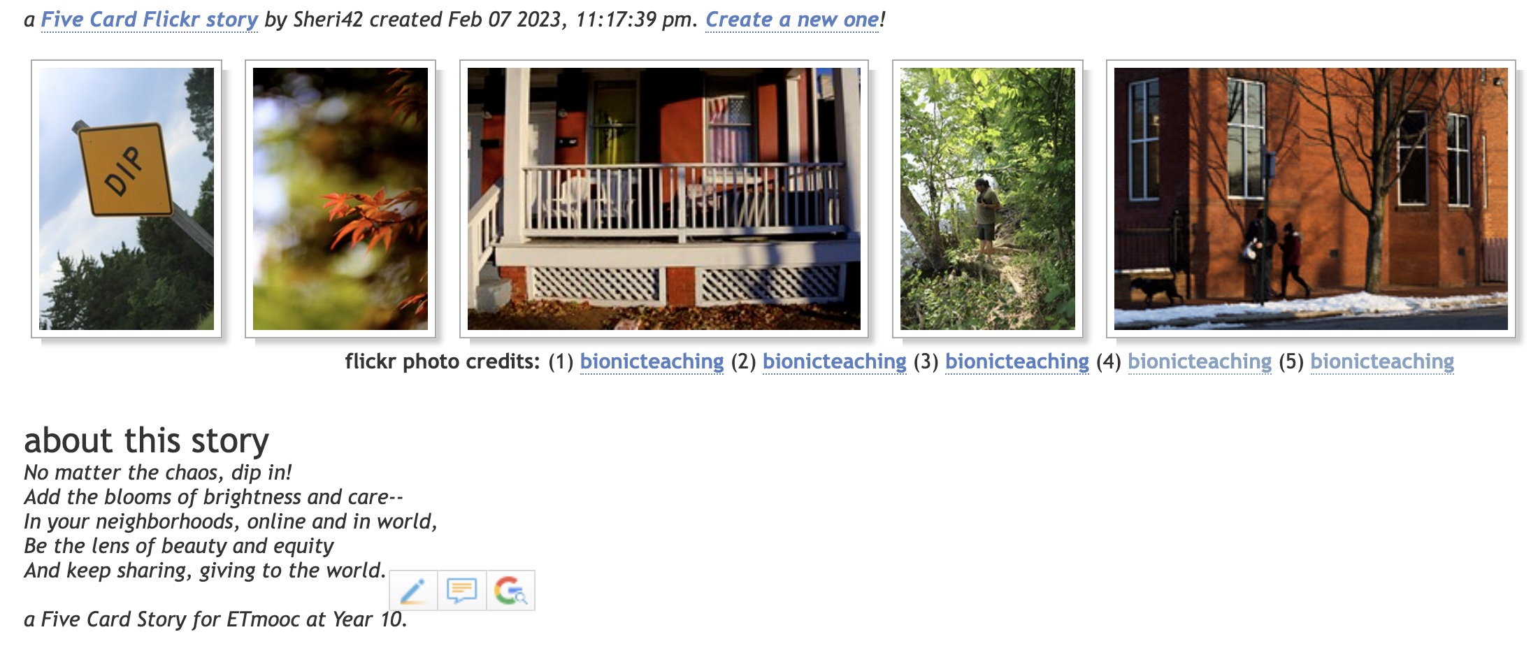 Sign that says 'Dip'; an orange flower; a front porch of red house with white trim; man in woods by river holding camera; red brick building with two people and dog at bus stop http://5card.cogdogblog.com/show.php?id=52075